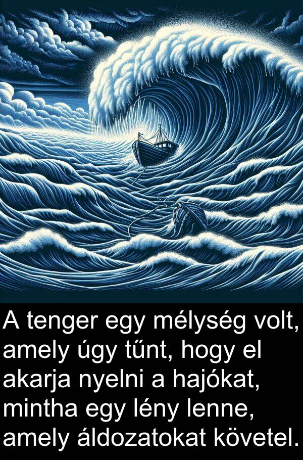 mintha: A tenger egy mélység volt, amely úgy tűnt, hogy el akarja nyelni a hajókat, mintha egy lény lenne, amely áldozatokat követel.