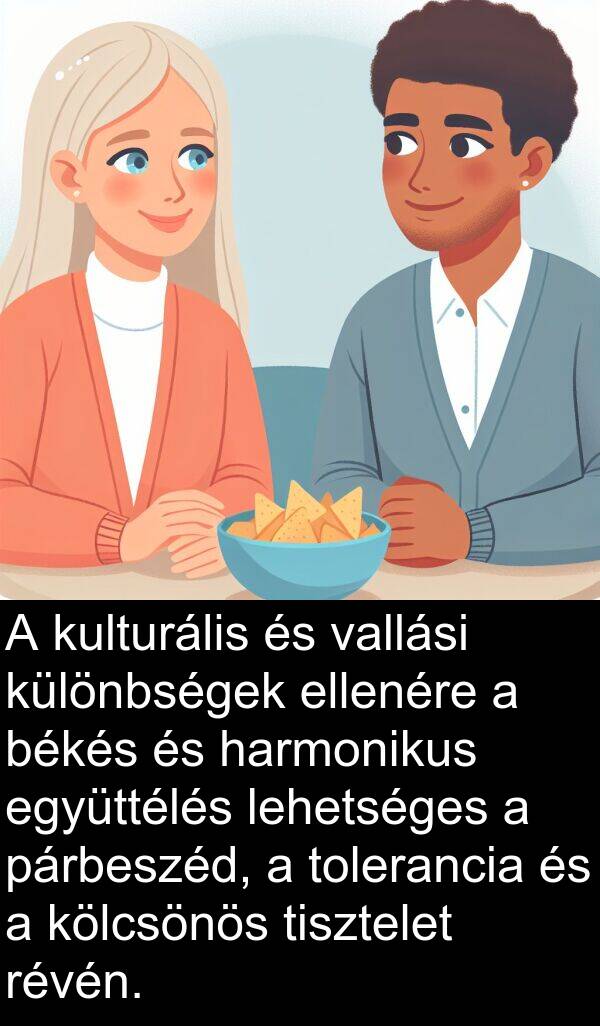harmonikus: A kulturális és vallási különbségek ellenére a békés és harmonikus együttélés lehetséges a párbeszéd, a tolerancia és a kölcsönös tisztelet révén.