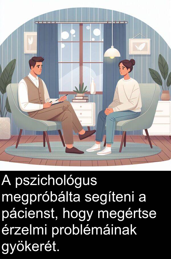 pácienst: A pszichológus megpróbálta segíteni a pácienst, hogy megértse érzelmi problémáinak gyökerét.