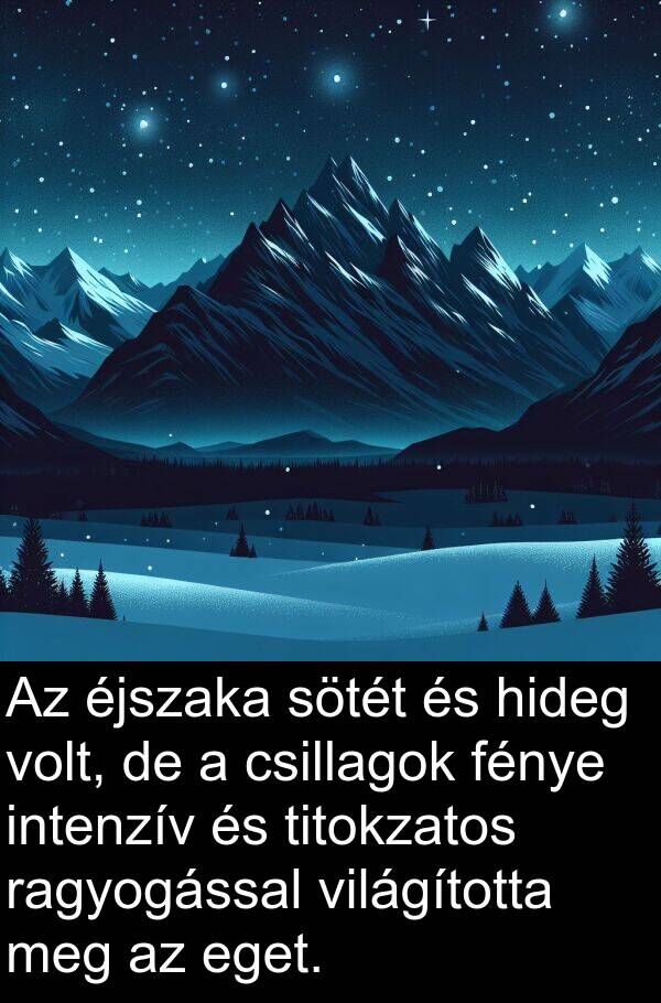 ragyogással: Az éjszaka sötét és hideg volt, de a csillagok fénye intenzív és titokzatos ragyogással világította meg az eget.