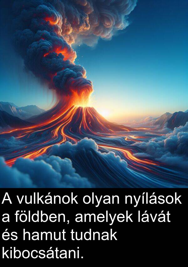 olyan: A vulkánok olyan nyílások a földben, amelyek lávát és hamut tudnak kibocsátani.