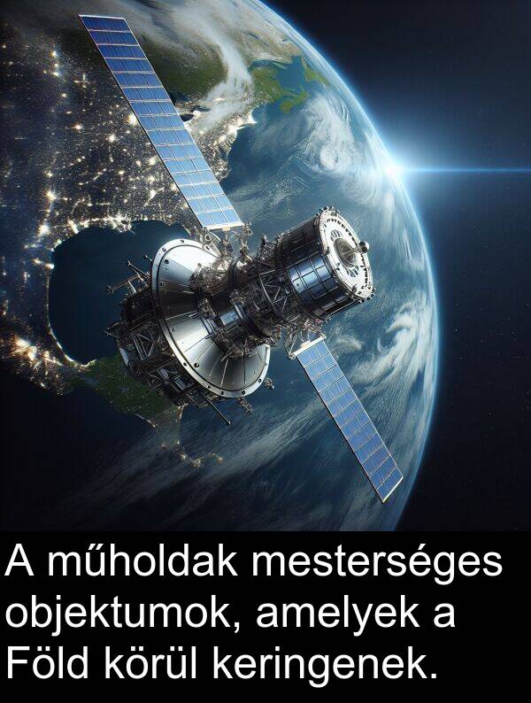 objektumok: A műholdak mesterséges objektumok, amelyek a Föld körül keringenek.