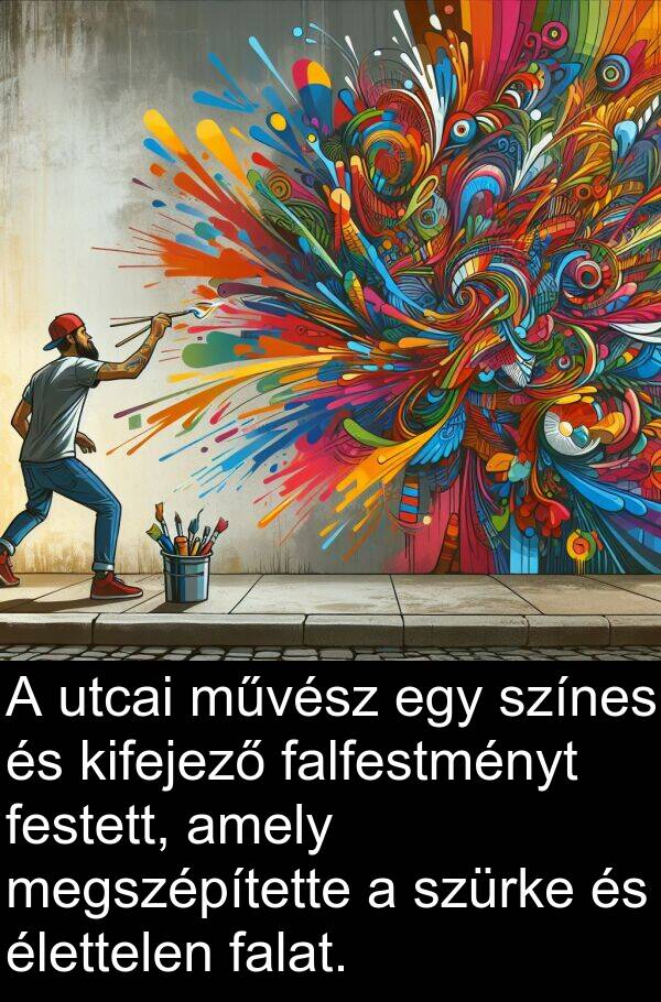 művész: A utcai művész egy színes és kifejező falfestményt festett, amely megszépítette a szürke és élettelen falat.