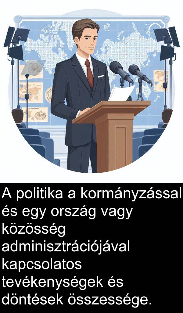 adminisztrációjával: A politika a kormányzással és egy ország vagy közösség adminisztrációjával kapcsolatos tevékenységek és döntések összessége.