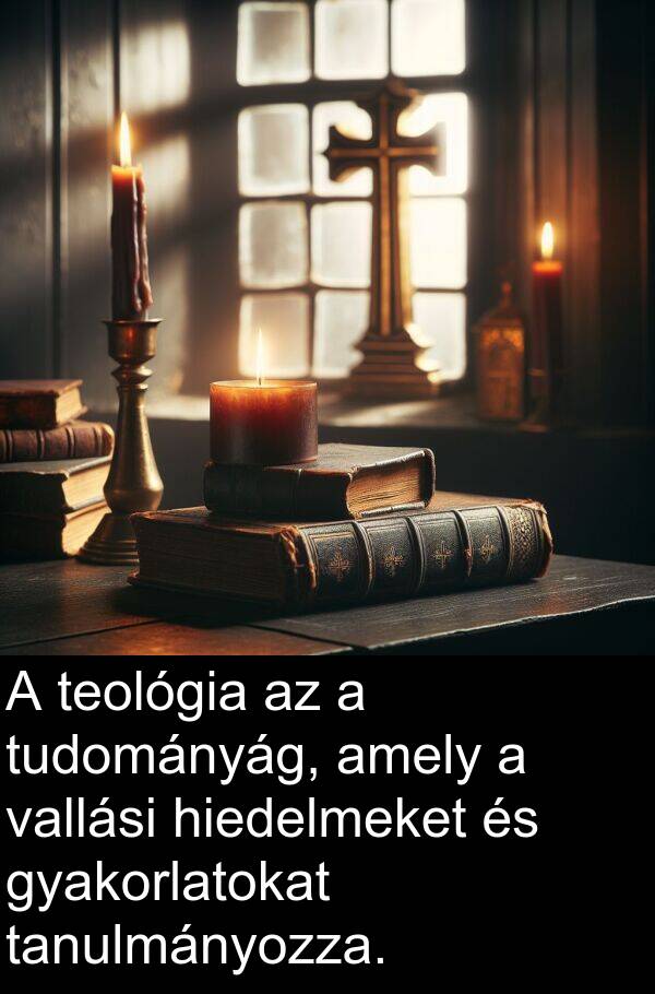 vallási: A teológia az a tudományág, amely a vallási hiedelmeket és gyakorlatokat tanulmányozza.