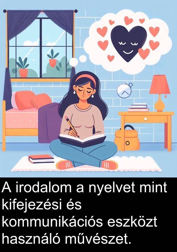 művészet: A irodalom a nyelvet mint kifejezési és kommunikációs eszközt használó művészet.