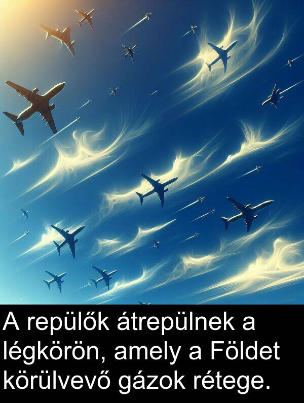 rétege: A repülők átrepülnek a légkörön, amely a Földet körülvevő gázok rétege.