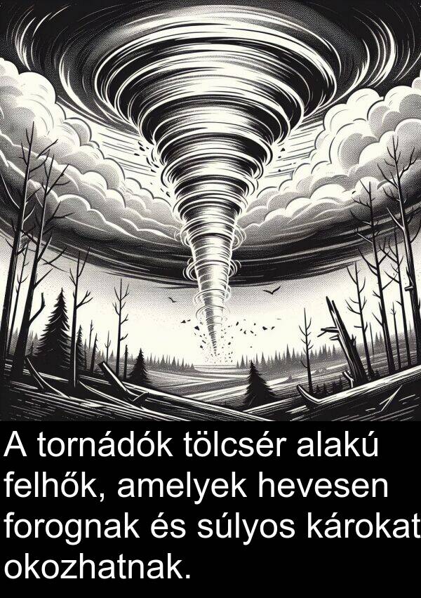 okozhatnak: A tornádók tölcsér alakú felhők, amelyek hevesen forognak és súlyos károkat okozhatnak.
