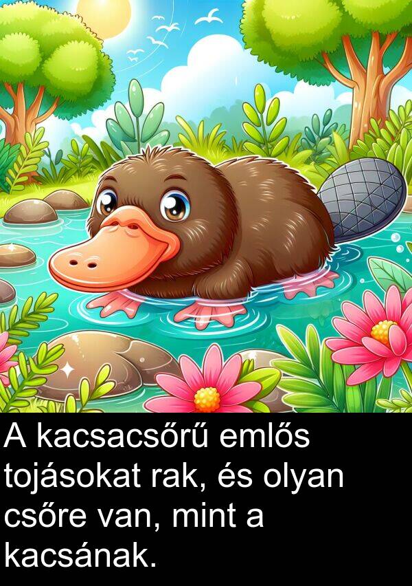rak: A kacsacsőrű emlős tojásokat rak, és olyan csőre van, mint a kacsának.