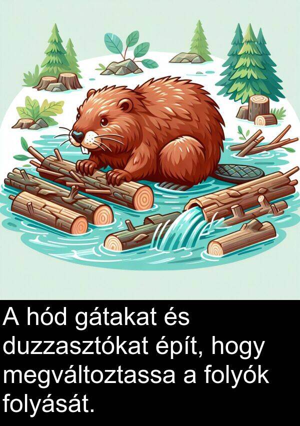 duzzasztókat: A hód gátakat és duzzasztókat épít, hogy megváltoztassa a folyók folyását.