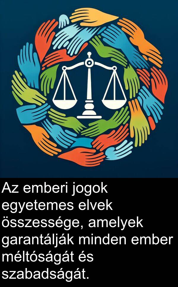 összessége: Az emberi jogok egyetemes elvek összessége, amelyek garantálják minden ember méltóságát és szabadságát.