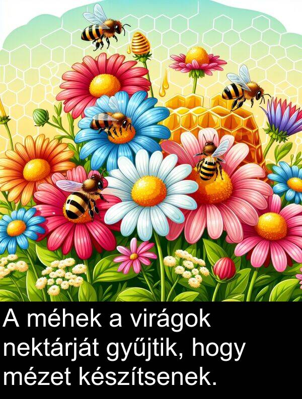 mézet: A méhek a virágok nektárját gyűjtik, hogy mézet készítsenek.