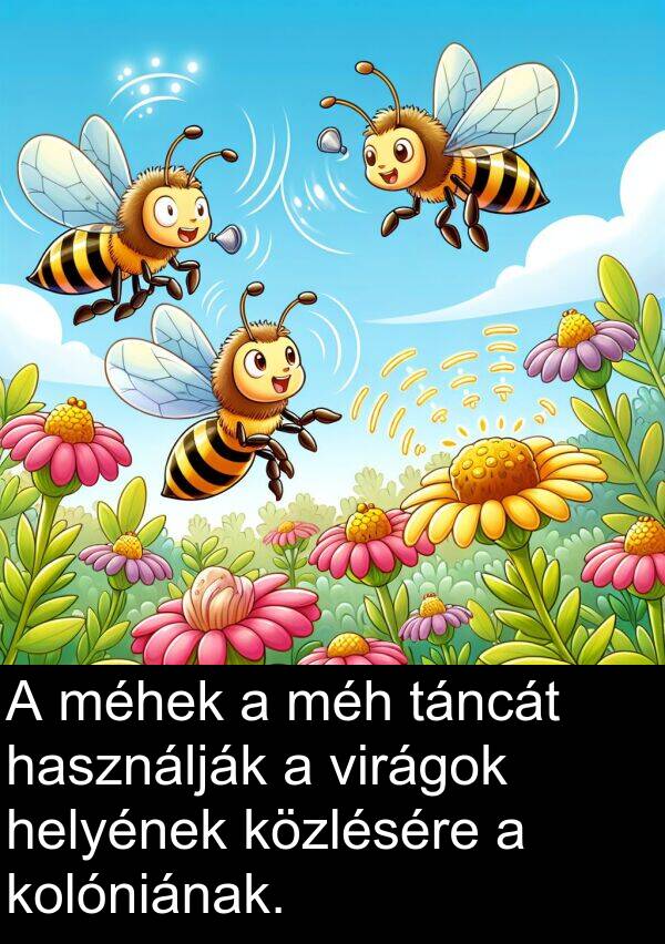 táncát: A méhek a méh táncát használják a virágok helyének közlésére a kolóniának.