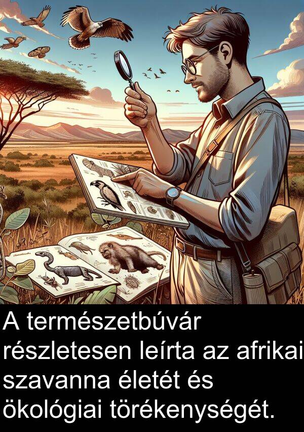 ökológiai: A természetbúvár részletesen leírta az afrikai szavanna életét és ökológiai törékenységét.