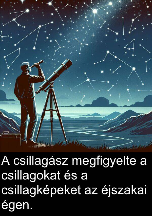 csillagképeket: A csillagász megfigyelte a csillagokat és a csillagképeket az éjszakai égen.