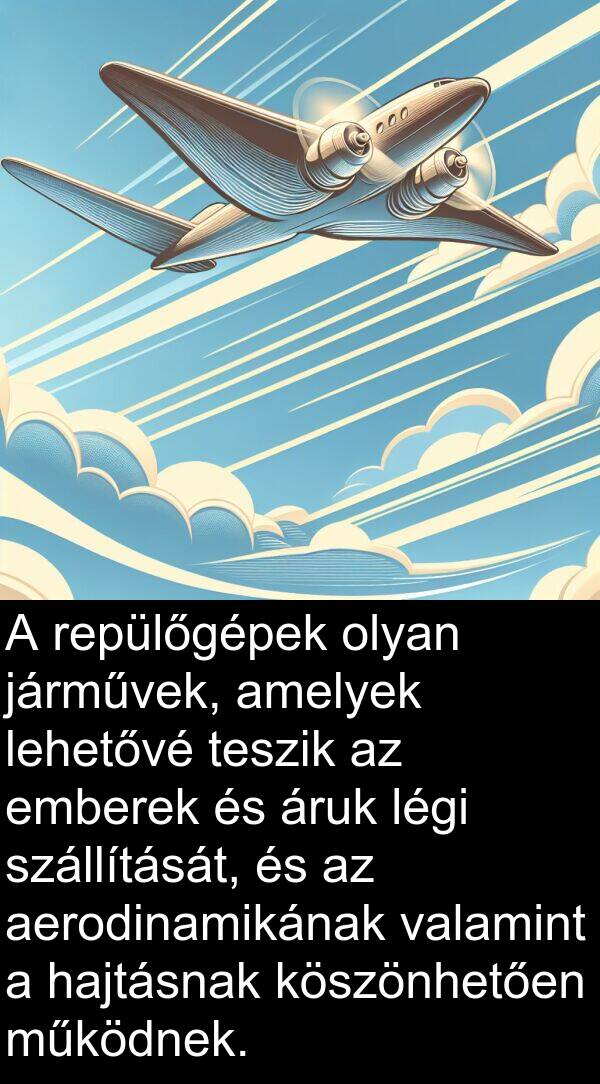 valamint: A repülőgépek olyan járművek, amelyek lehetővé teszik az emberek és áruk légi szállítását, és az aerodinamikának valamint a hajtásnak köszönhetően működnek.