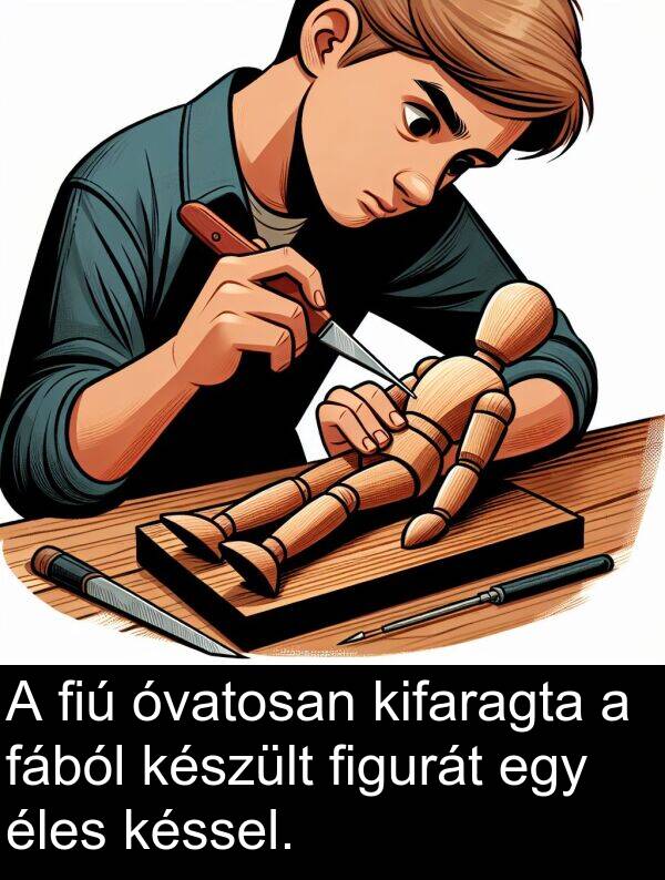 óvatosan: A fiú óvatosan kifaragta a fából készült figurát egy éles késsel.