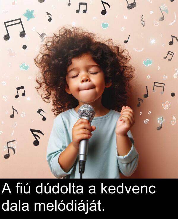 dala: A fiú dúdolta a kedvenc dala melódiáját.