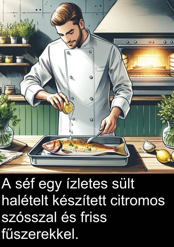 séf: A séf egy ízletes sült halételt készített citromos szósszal és friss fűszerekkel.