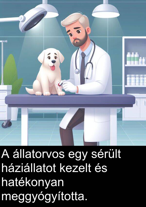 meggyógyította: A állatorvos egy sérült háziállatot kezelt és hatékonyan meggyógyította.