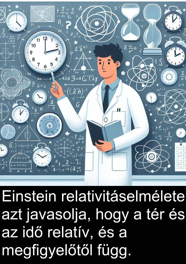 javasolja: Einstein relativitáselmélete azt javasolja, hogy a tér és az idő relatív, és a megfigyelőtől függ.