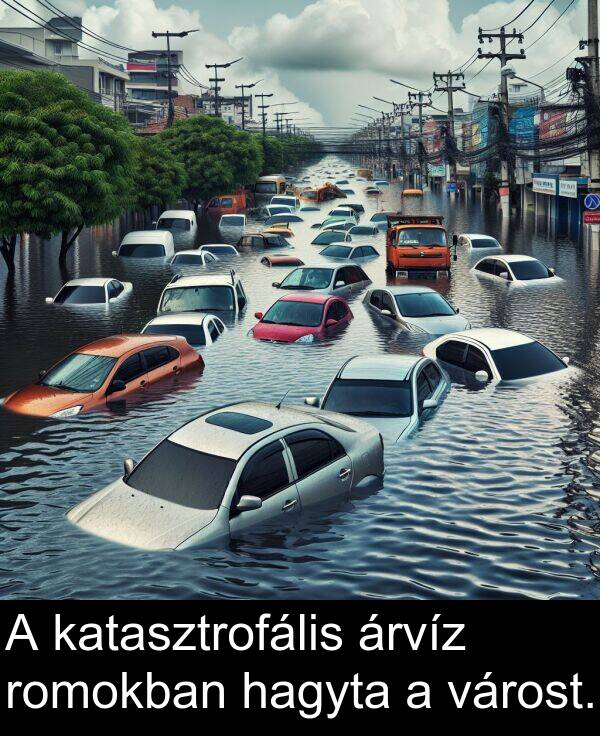 hagyta: A katasztrofális árvíz romokban hagyta a várost.