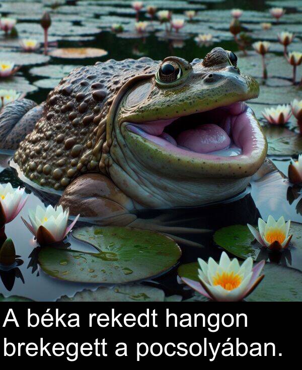 pocsolyában: A béka rekedt hangon brekegett a pocsolyában.