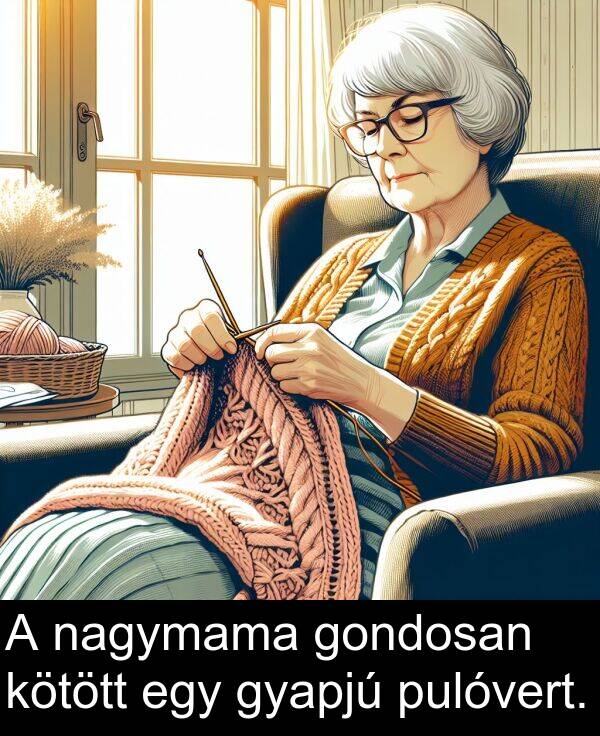 nagymama: A nagymama gondosan kötött egy gyapjú pulóvert.