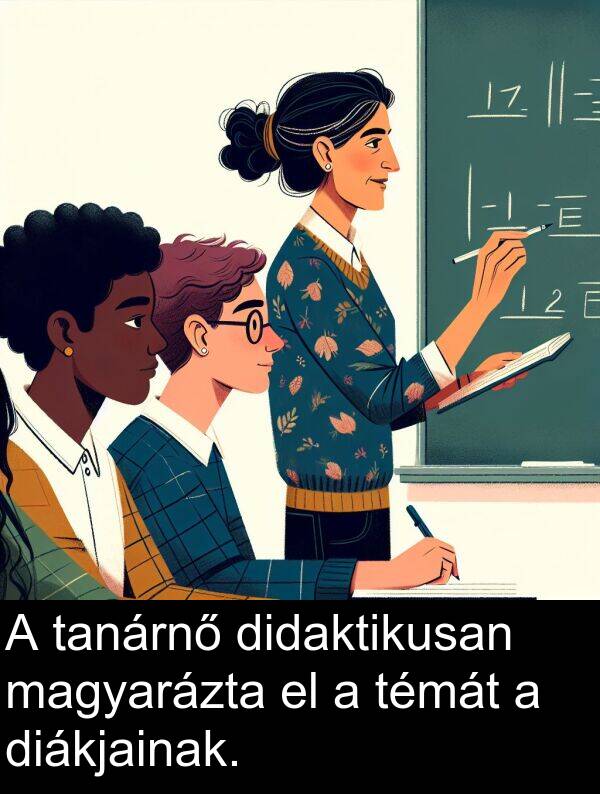 magyarázta: A tanárnő didaktikusan magyarázta el a témát a diákjainak.
