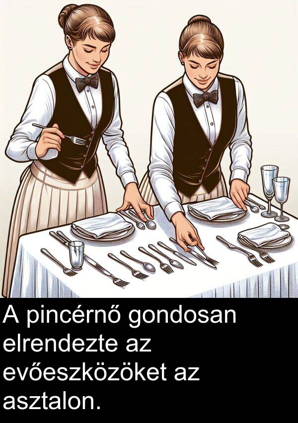 pincérnő: A pincérnő gondosan elrendezte az evőeszközöket az asztalon.