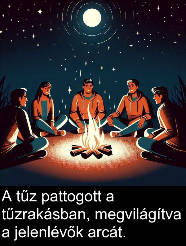 pattogott: A tűz pattogott a tűzrakásban, megvilágítva a jelenlévők arcát.
