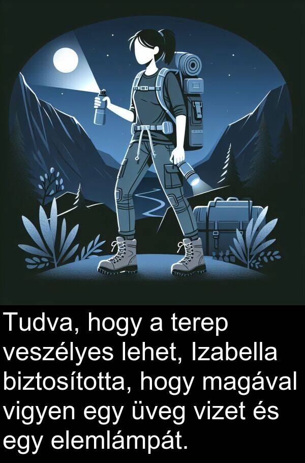 magával: Tudva, hogy a terep veszélyes lehet, Izabella biztosította, hogy magával vigyen egy üveg vizet és egy elemlámpát.