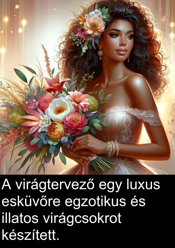 virágcsokrot: A virágtervező egy luxus esküvőre egzotikus és illatos virágcsokrot készített.