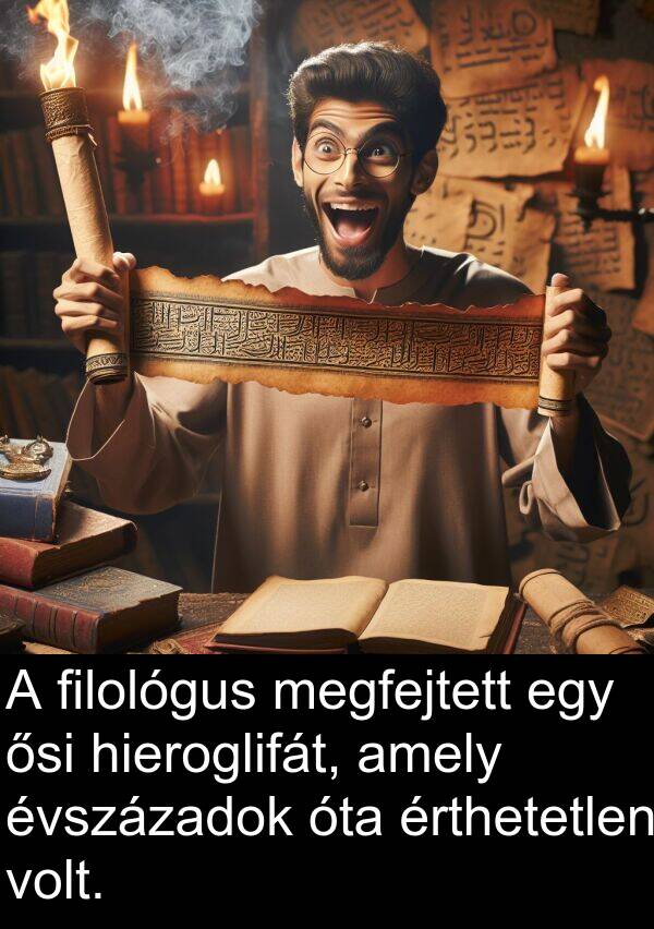 megfejtett: A filológus megfejtett egy ősi hieroglifát, amely évszázadok óta érthetetlen volt.