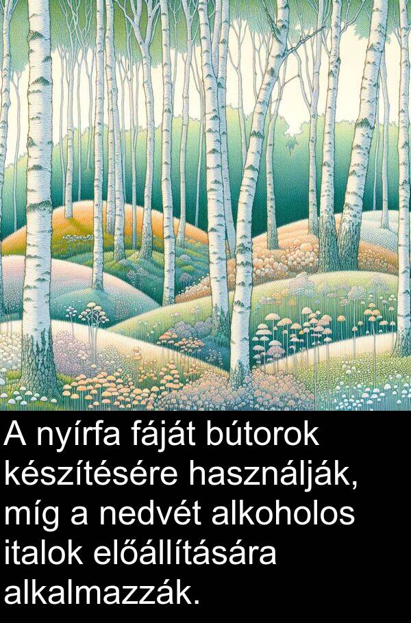 míg: A nyírfa fáját bútorok készítésére használják, míg a nedvét alkoholos italok előállítására alkalmazzák.