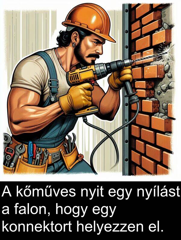 helyezzen: A kőműves nyit egy nyílást a falon, hogy egy konnektort helyezzen el.