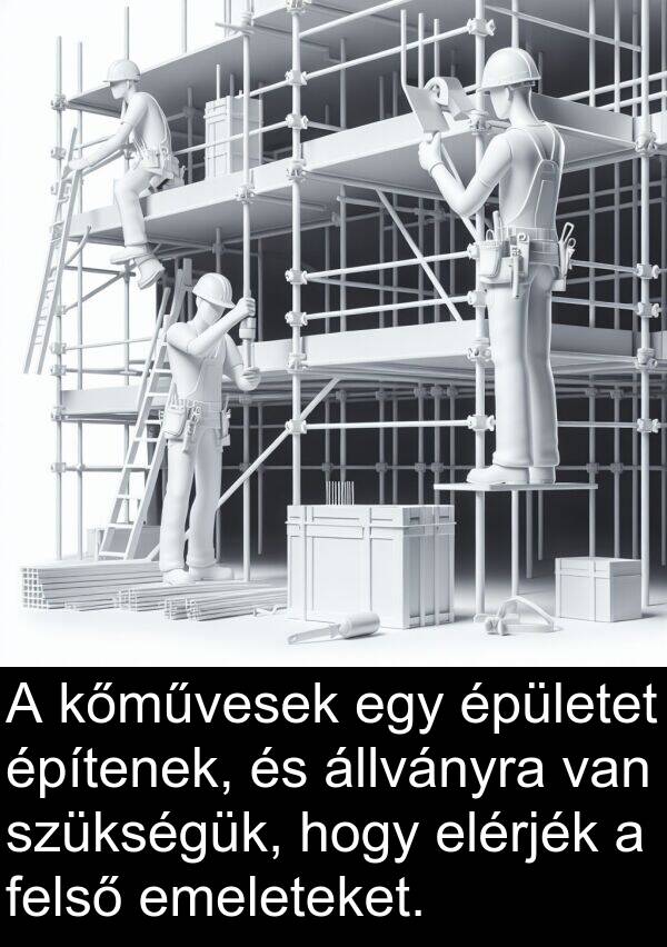 állványra: A kőművesek egy épületet építenek, és állványra van szükségük, hogy elérjék a felső emeleteket.