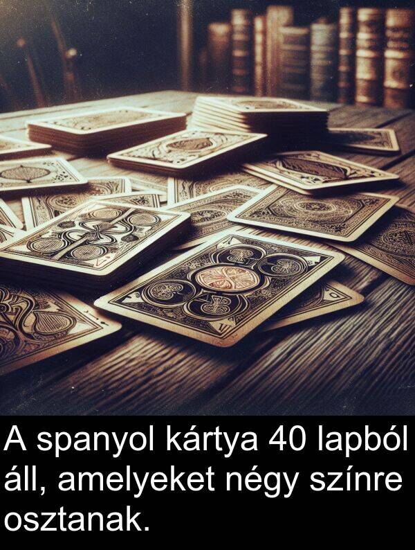 spanyol: A spanyol kártya 40 lapból áll, amelyeket négy színre osztanak.