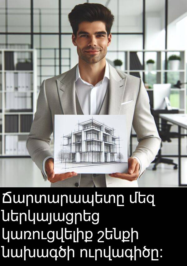 մեզ: Ճարտարապետը մեզ ներկայացրեց կառուցվելիք շենքի նախագծի ուրվագիծը։