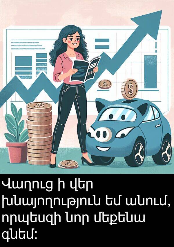 գնեմ։: Վաղուց ի վեր խնայողություն եմ անում, որպեսզի նոր մեքենա գնեմ։