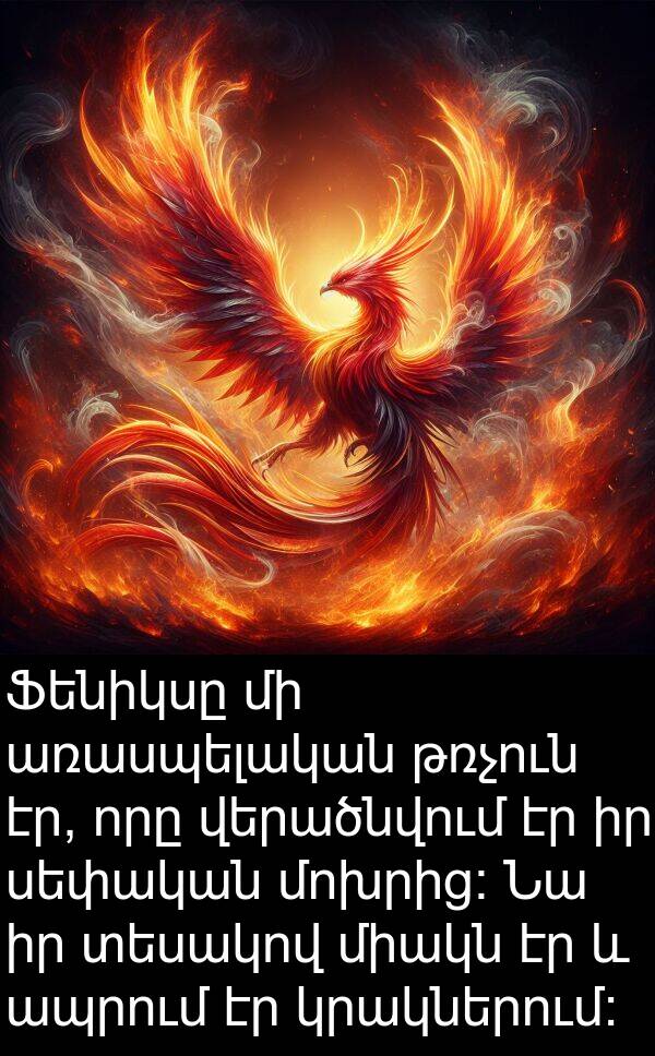 թռչուն: Ֆենիկսը մի առասպելական թռչուն էր, որը վերածնվում էր իր սեփական մոխրից: Նա իր տեսակով միակն էր և ապրում էր կրակներում: