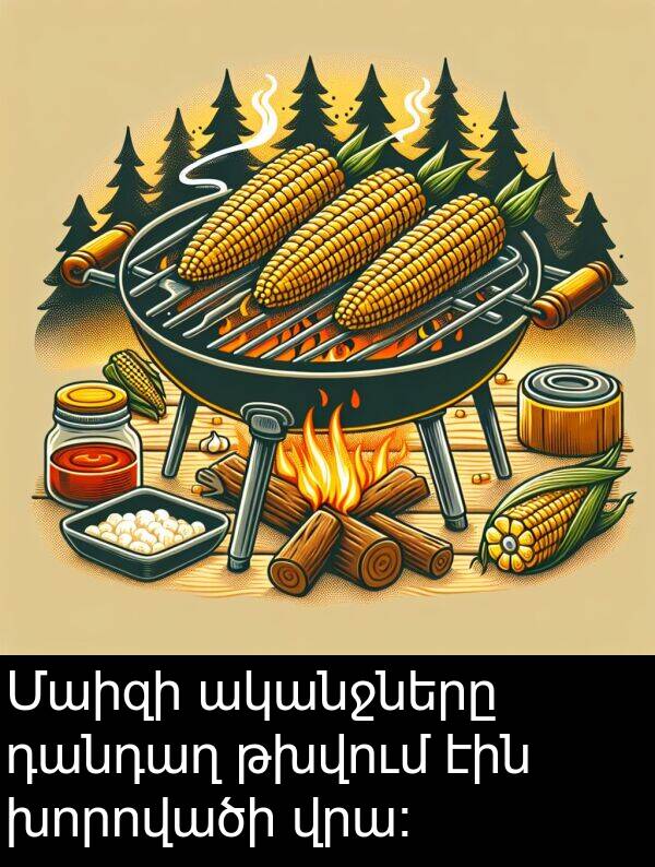 թխվում: Մաիզի ականջները դանդաղ թխվում էին խորովածի վրա։