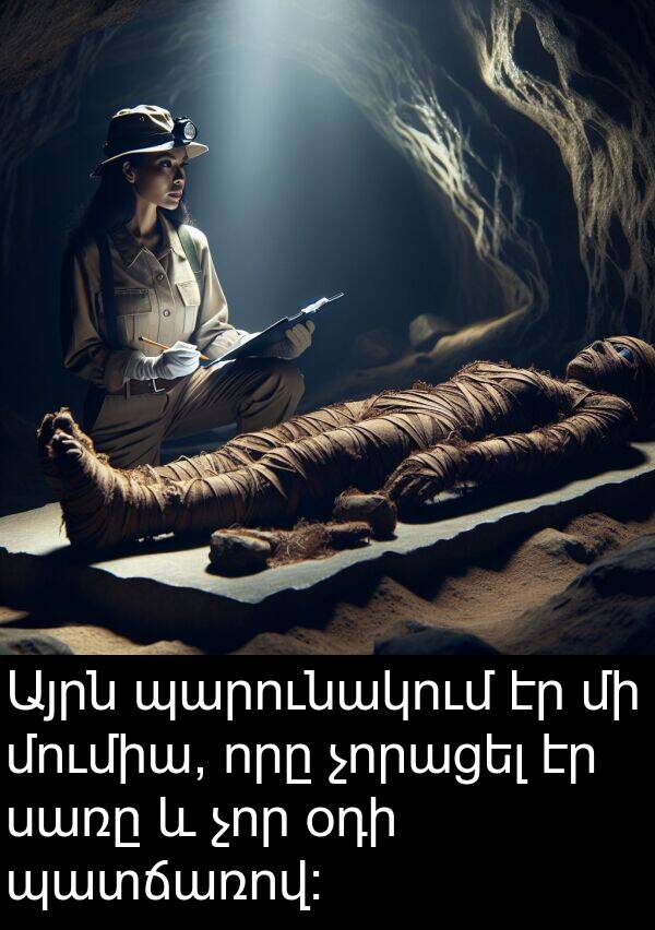 օդի: Այրն պարունակում էր մի մումիա, որը չորացել էր սառը և չոր օդի պատճառով։