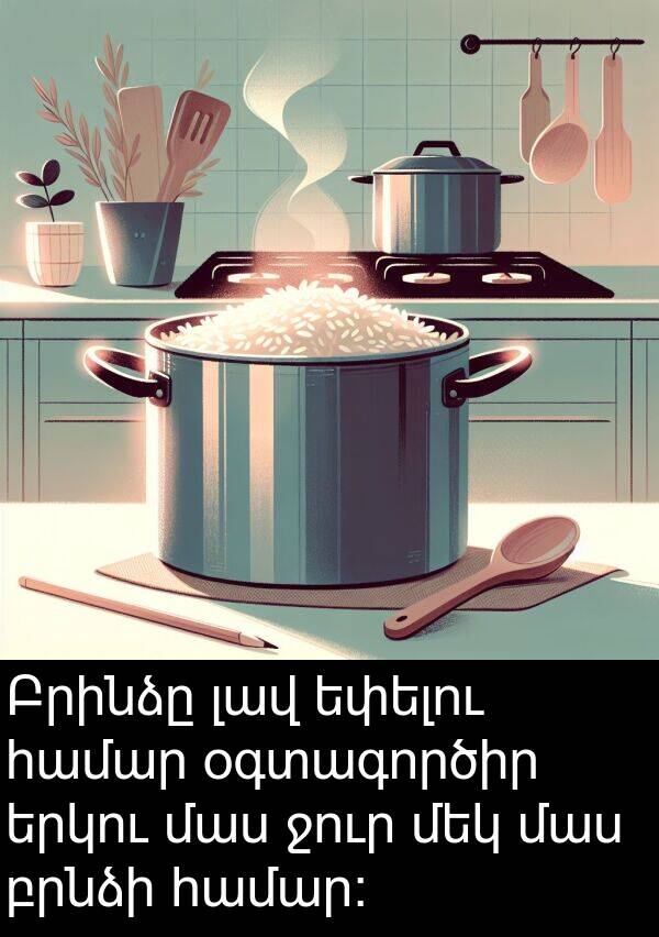բրնձի: Բրինձը լավ եփելու համար օգտագործիր երկու մաս ջուր մեկ մաս բրնձի համար։