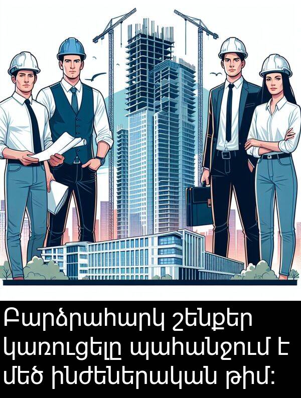 շենքեր: Բարձրահարկ շենքեր կառուցելը պահանջում է մեծ ինժեներական թիմ։