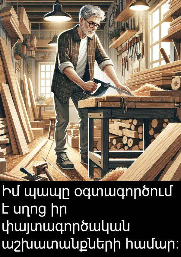 օգտագործում: Իմ պապը օգտագործում է սղոց իր փայտագործական աշխատանքների համար։