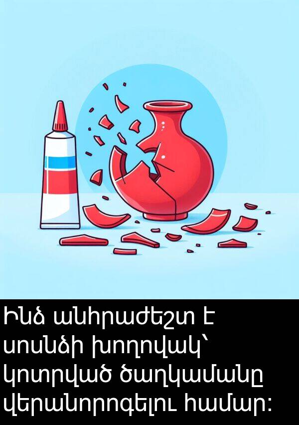 վերանորոգելու: Ինձ անհրաժեշտ է սոսնձի խողովակ՝ կոտրված ծաղկամանը վերանորոգելու համար։