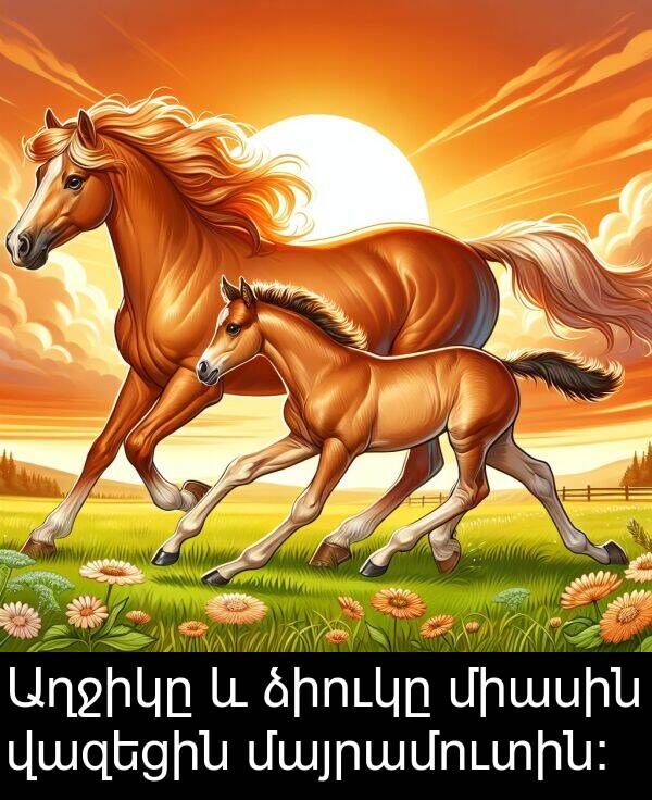 ձիուկը: Աղջիկը և ձիուկը միասին վազեցին մայրամուտին։