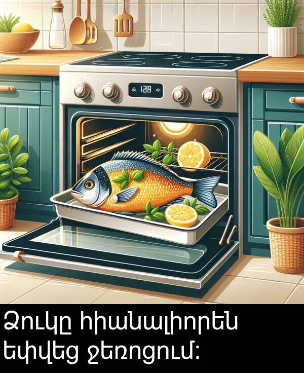 եփվեց: Ձուկը հիանալիորեն եփվեց ջեռոցում։