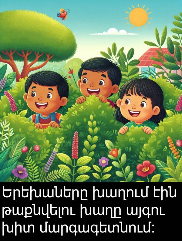 մարգագետնում: Երեխաները խաղում էին թաքնվելու խաղը այգու խիտ մարգագետնում: